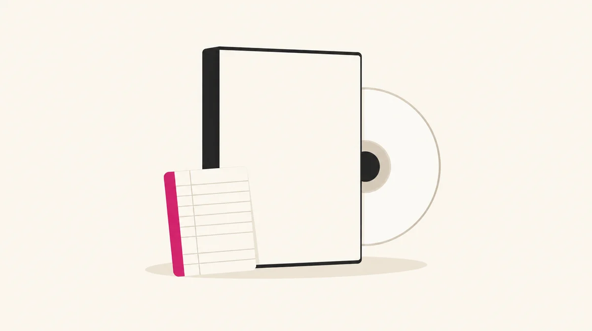 ラベルのないディスクとケース、図書館の貸出カードのイラスト