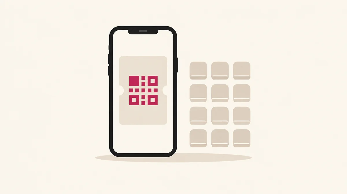 チケットを表示したスマートフォンと、座席を表す四角が並んだイラスト