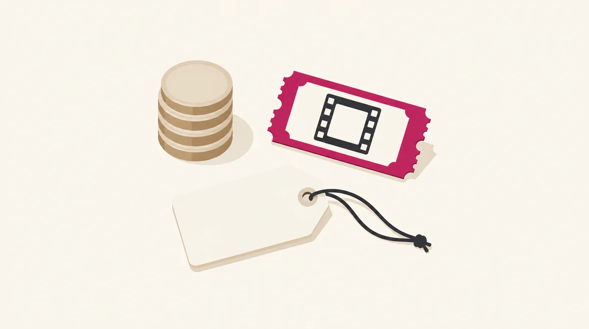 積み重ねた硬貨と映画のチケット、値札が並んだイラスト
