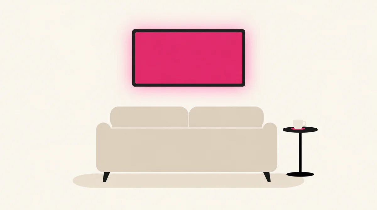 ソファの上の壁に画面がかかっている部屋のイラスト